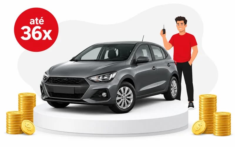 Carro sobre pódio com consultor segurando chave e selo até 36x
